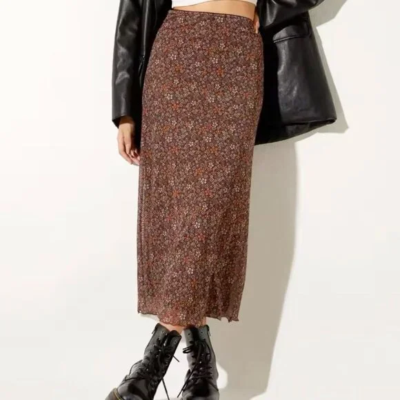 NEW Fairy Grunge Y2K Floral Mesh Midi Skirt Sz M Brown Stretch Pull-On 90s - Picture 7 of 7